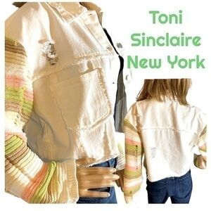 Toni Sinclaire Rainbow Knitted Sleeve Distressed Cropped Denim Jacket S NWT FIRM